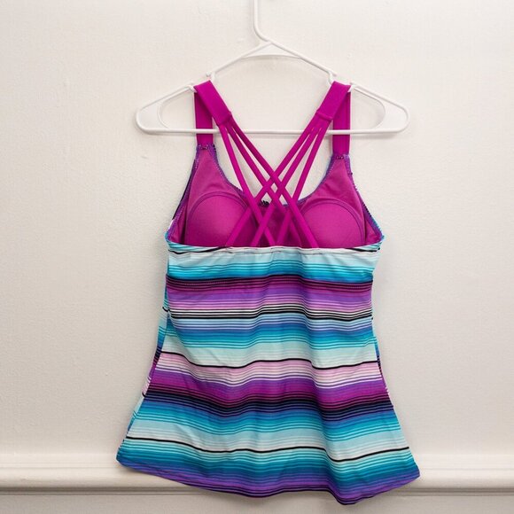 ZeroXposur Strappy Back Tankini Swim Top Large Purple Blue Stripe Support - Picture 2 of 3